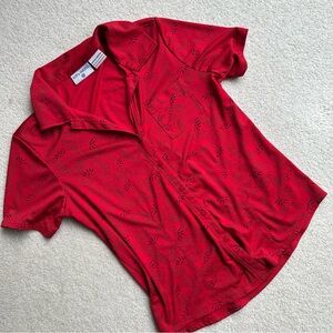 Vintage Y2K Women’s Medium Black Red Pattern Fitted Stretch Polo Top T Shirt